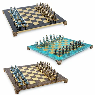 Juego de Ajedrez Arte Cicládico en Latón Macizo - Piezas Azules y Marrones