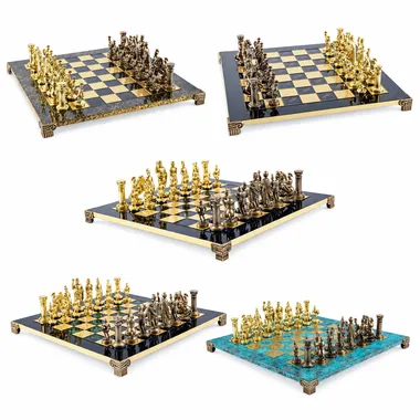 Juego de ajedrez época grecorromana bronce y dorado, cinco colores de tablero