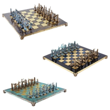 Conjunto de Ajedrez Mitología Griega en Metal – Piezas de Bronce y Azul con Tablero de Metal