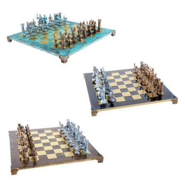 Conjunto de Ajedrez Greco-Romano en Metal - Piezas de Bronce y Azules con Tablero de Metal de 44 x 44 cm y Caja de Almacenamiento