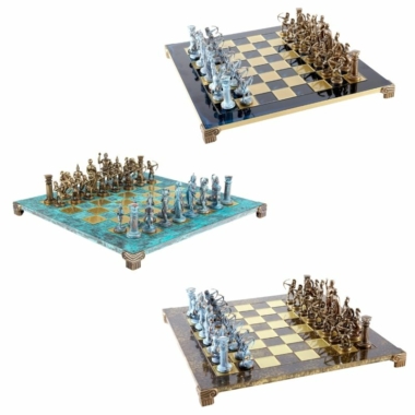 Conjunto de Juego de Ajedrez Arqueros y Batallas Históricas – Piezas de Metal Bronce & Pátina Azul