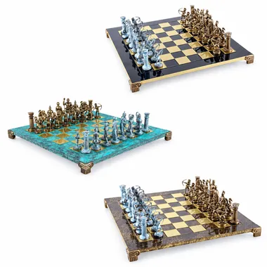Juego de ajedrez completo, tres vistas del tablero y las piezas en bronce y azul pátina