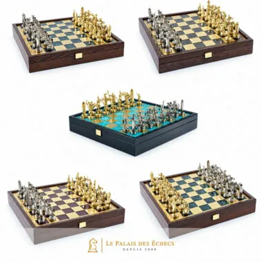 Juego de Ajedrez Mitología Griega en Metal Dorado y Plateado – Tablero con Almacenamiento Integrado