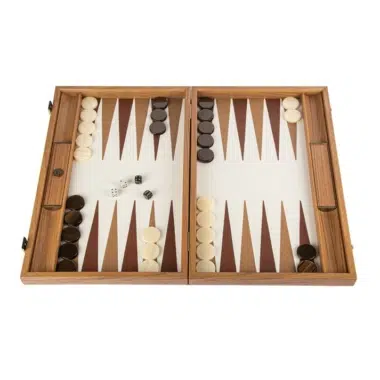 Backgammon abierto en cuero efecto cocodrilo, fichas marfil y marrón y dados