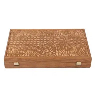 Caja de backgammon cerrada, tapa en cuero grabado efecto cocodrilo