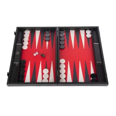 Backgammon Luxe en piel efecto cocodrilo rojo, tablero abierto con fichas y dados