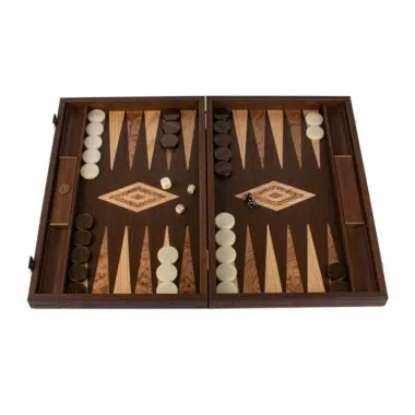 Backgammon de Wengué y Raíz de Nogal abierto, vista general del tablero