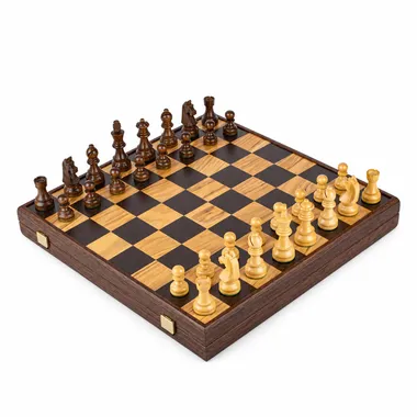 Juego de ajedrez completo, tablero de madera de olivo y wengué con almacenamiento