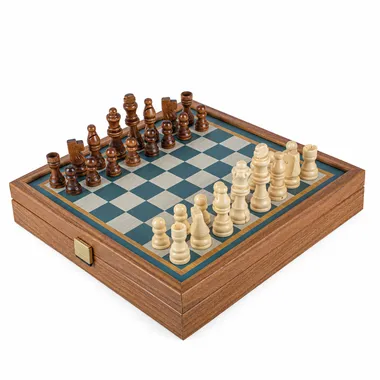 Set 2 en 1 turquesa de 27×27 cm abierto con tablero de ajedrez en juego