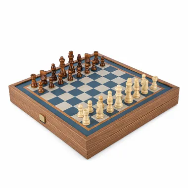 Set combo 4 en 1 turquesa abierto con tablero de ajedrez y piezas de madera