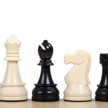 Detalle de las piezas de ajedrez: dama, alfil, caballo y torre de plástico duradero
