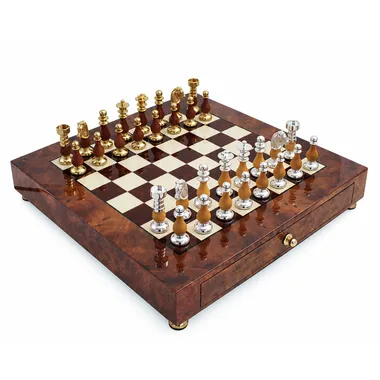 Juego de ajedrez de lujo en madera de brezo con cajón, piezas doradas y plateadas