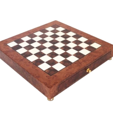 Jeu d’Echecs de Luxe Echiquier en Bois de Bruyère avec Tiroir et Pieces en Laiton Plaque Or et Argent