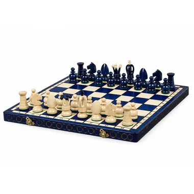 Juego de ajedrez de madera plegable azul, piezas colocadas en el tablero