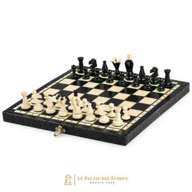 Juego de ajedrez plegable de madera negra y marfil, tablero abierto visión general
