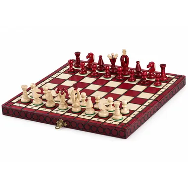 Tablero de ajedrez plegable en madera roja y marfil, piezas en vista general