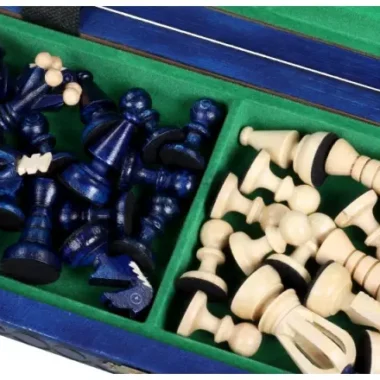 Petit Jeu d’Echecs en Bois Royal Bleu et Ivoire Pliant 30 x 30 cm