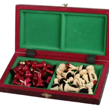 Petit Ensemble de Jeu d’Echecs Rouge et Ivoire Pliable en Bois