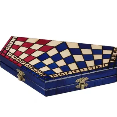 Juego de ajedrez de madera para 3 jugadores – estuche hexagonal tricolor con piezas Staunton