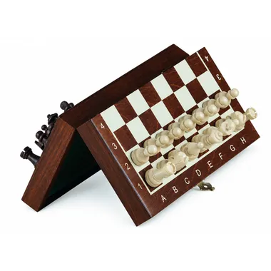 Juego de ajedrez magnético mini de madera, caja plegada en posición triangular