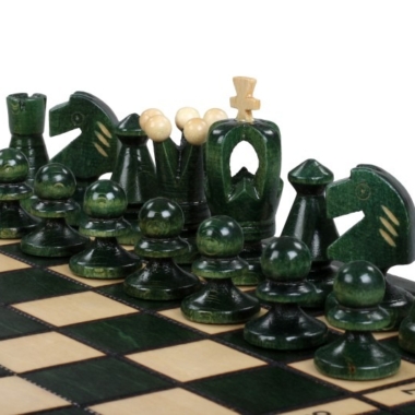 Ensemble d’Echecs en Bois Pliable – Petit Format 28,5 cm avec Pièces Vertes et Ivoire en Bois de Bouleau et de Hetre