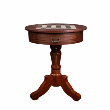 Mesa de ajedrez redonda de caoba con pie central tallado y cajón
