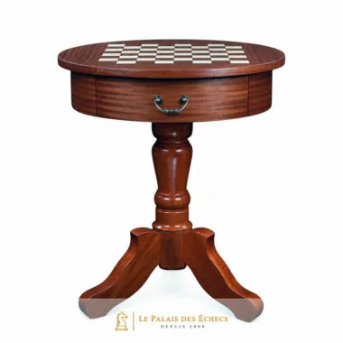 Mesa de ajedrez redonda de caoba con pie central tallado y cajón