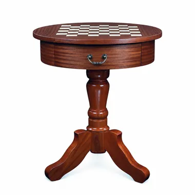 Mesa de ajedrez redonda de caoba con pie central tallado y cajón