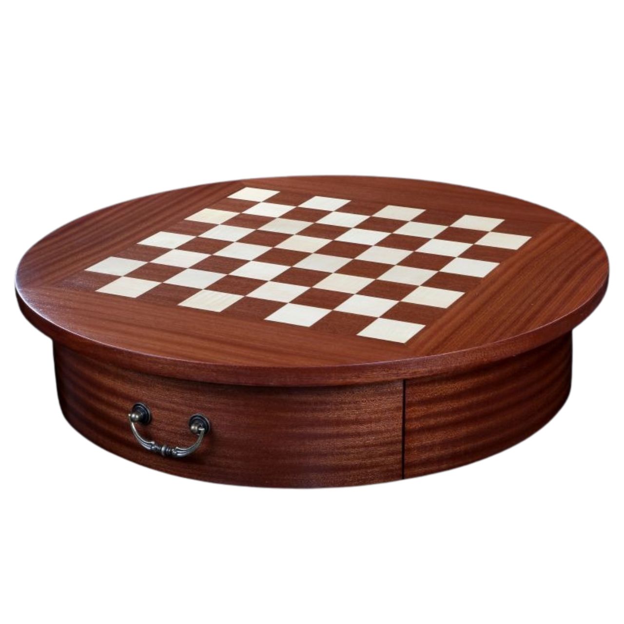 Table d’Echecs Ronde en Bois d'Acajou, Charme et Erable – Hauteur 77 cm