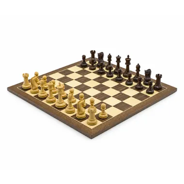 Juego de ajedrez Leningrado completo: piezas de acacia y tablero de nogal y arce, vista general