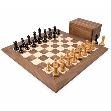 Juego de ajedrez Staunton 1869 completo con tablero de nogal y arce, caja abierta