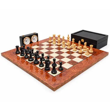 Juego de ajedrez Staunton completo con tablero de raíz, reloj y caja