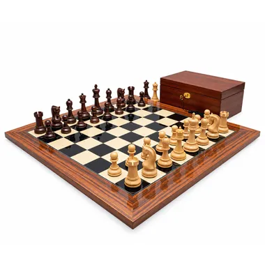 Juego de ajedrez de lujo en madera de Anjan con tablero de palisandro y caja