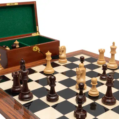Ensemble d’échecs de luxe Leningrad en bois d’Anjan et Palissandre avec coffret