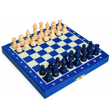 Juego de ajedrez magnético mini en madera azul, tablero abierto con piezas colocadas