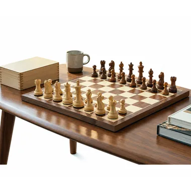 Juego de ajedrez Fierce Knight instalado sobre una mesa con un ambiente acogedor - Le Palais Des Echecs