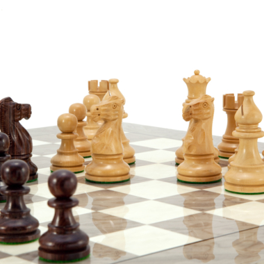 Primer plano de las piezas de madera del juego de ajedrez con un caballo distintivo - Le Palais Des Echecs