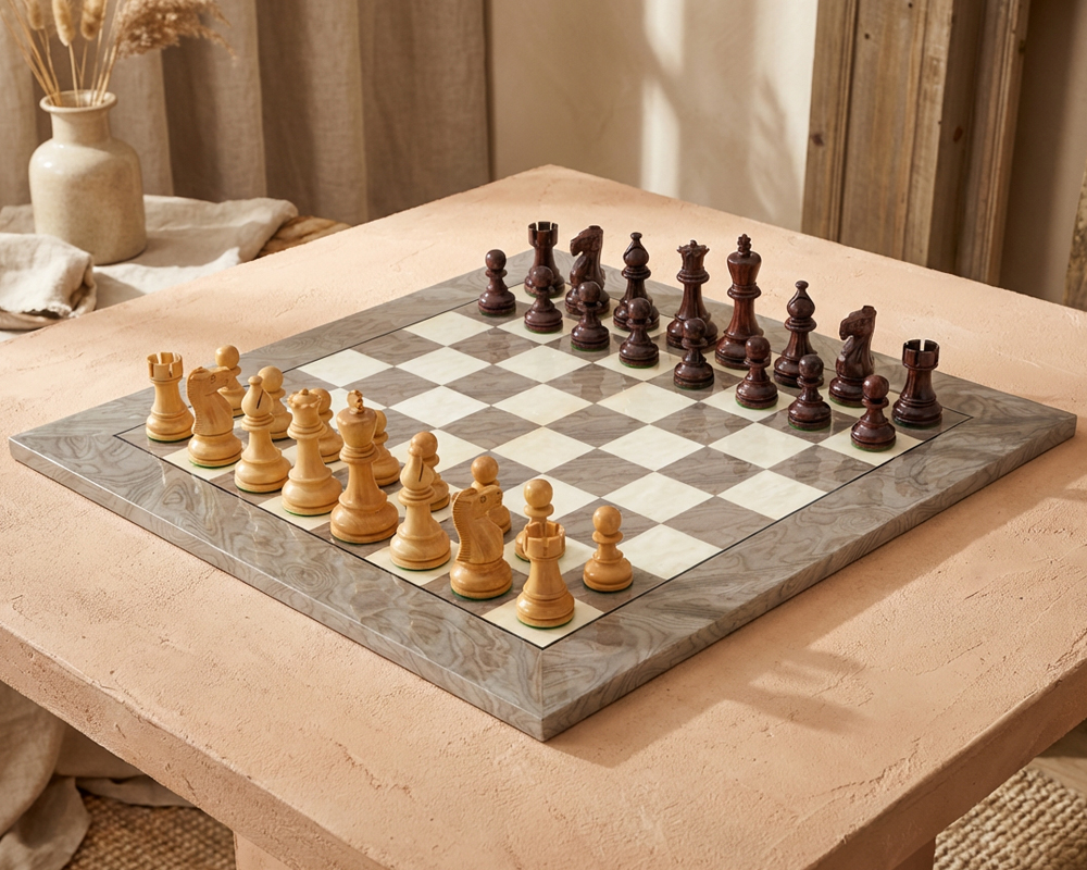 Juego de ajedrez decorativo de madera en un ambiente cálido y moderno - Le Palais Des Echecs