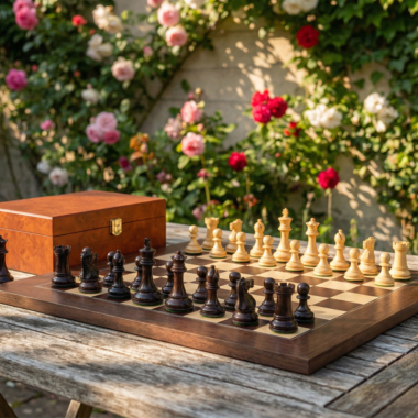 Detalle de las piezas negras del ajedrez Windsor de madera - Le Palais Des Echecs