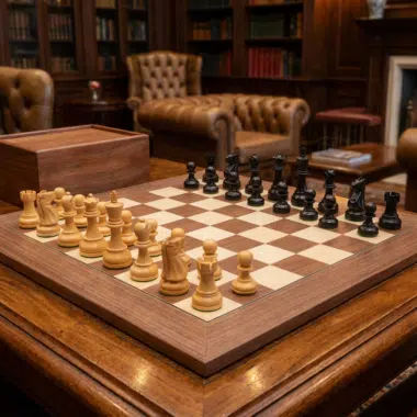 Juego de ajedrez Levisham negro y nogal sobre una mesa de madera en un ambiente cálido