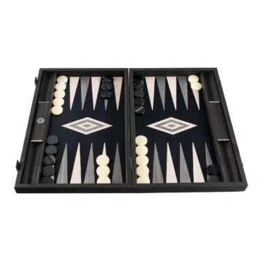 Plateau de backgammon artisanal Vavona gris nacré ouvert, prêt à jouer - Le Palais Des Echecs