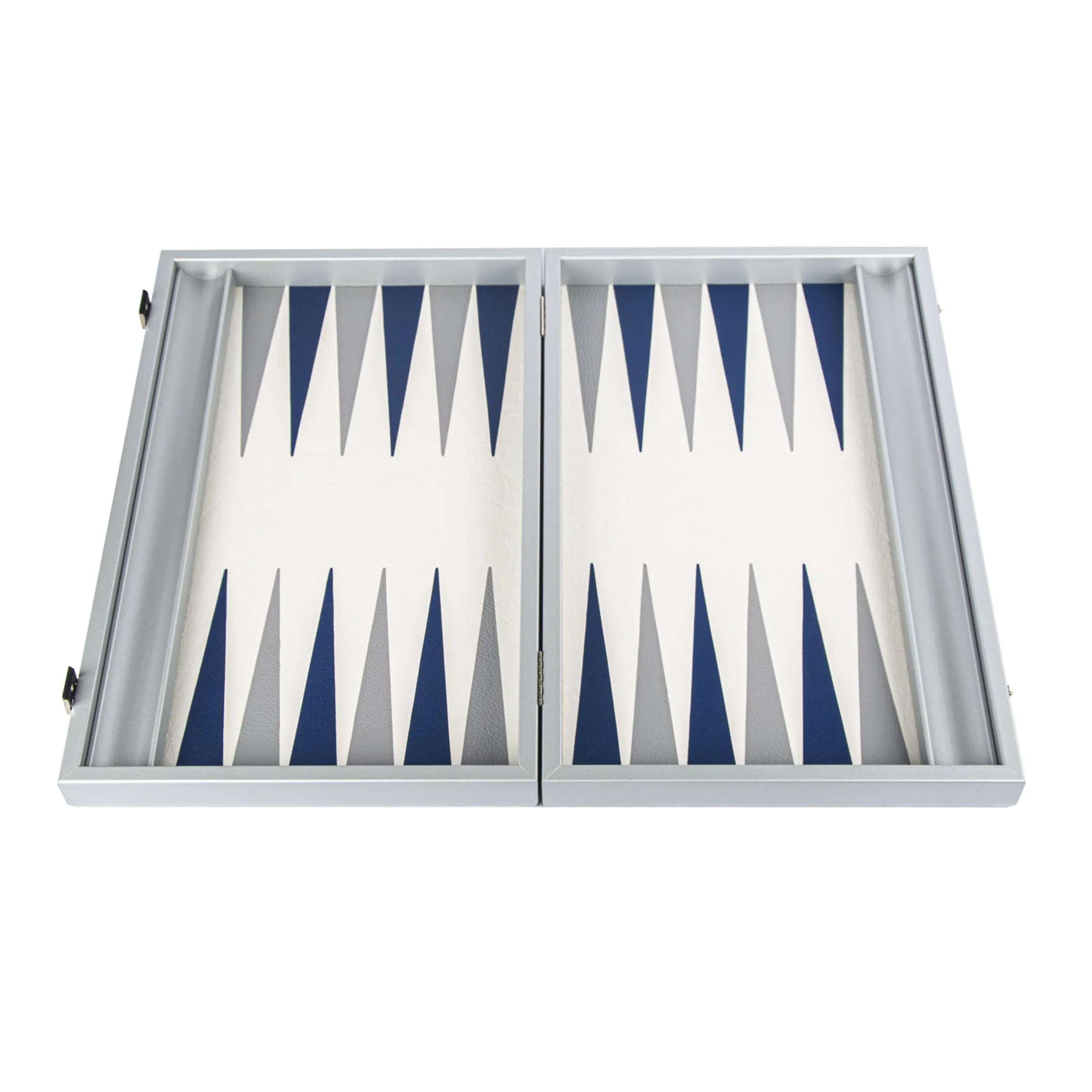 Plateau de Backgammon bleu marine ouvert avec des pions en simili cuir et dés visibles