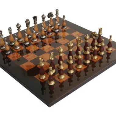 Jeu d'échecs complet en laiton et bois sur échiquier brillant en érable et bruyère 51c
