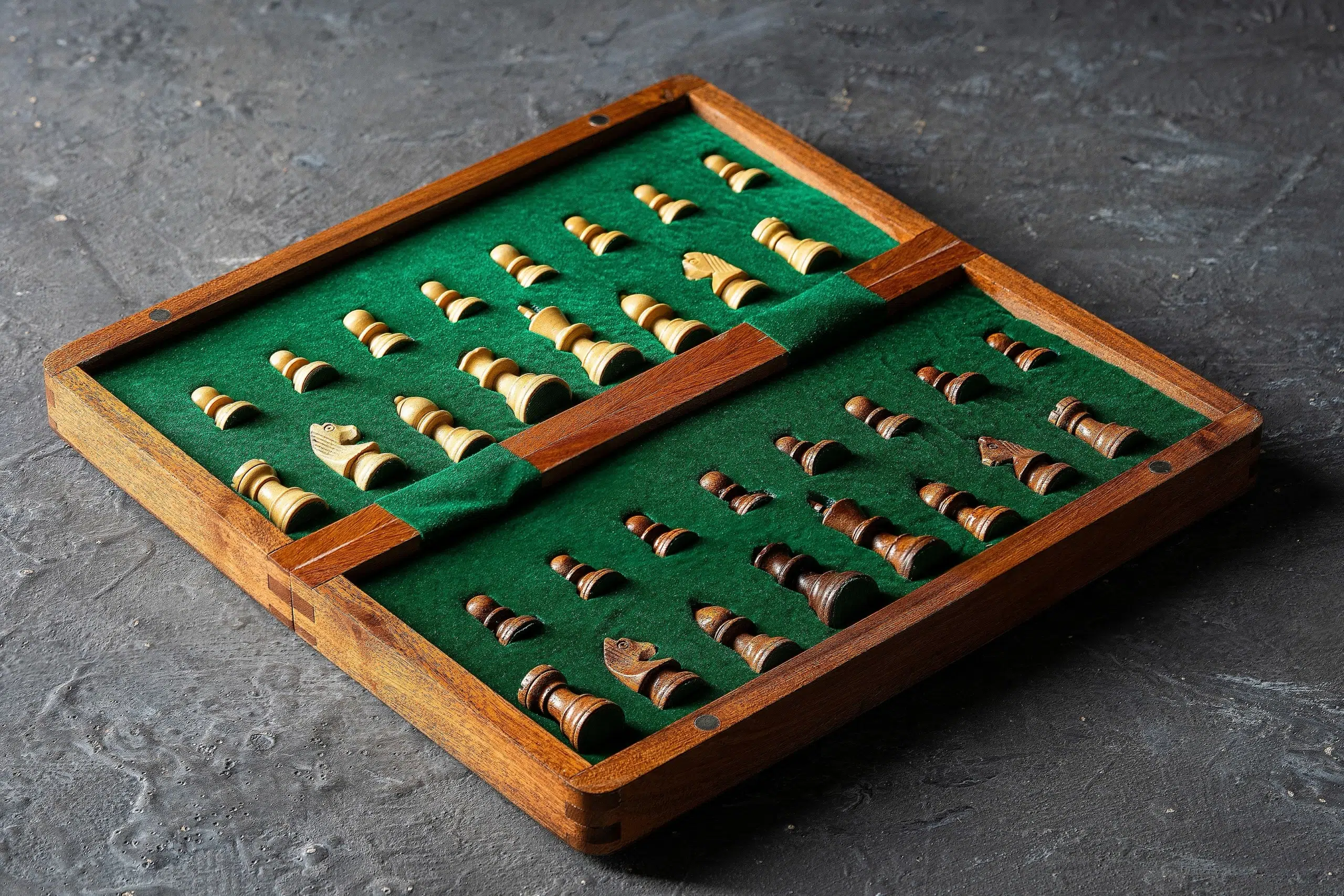 Jeu d'échecs en bois magnétique avec pièces soigneusement rangées dans un coffret en velours - Le Palais Des Echecs