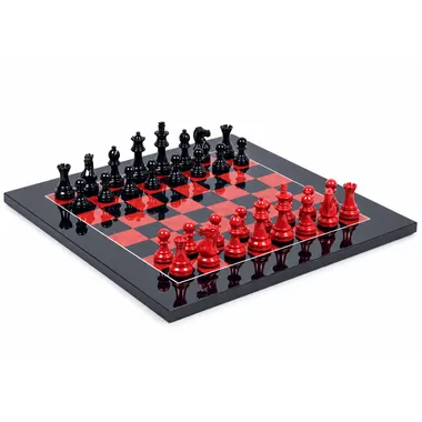 Juego de ajedrez completo en madera lacada roja y negra sobre tablero de ajedrez en raíz de brezo brillante 42cm