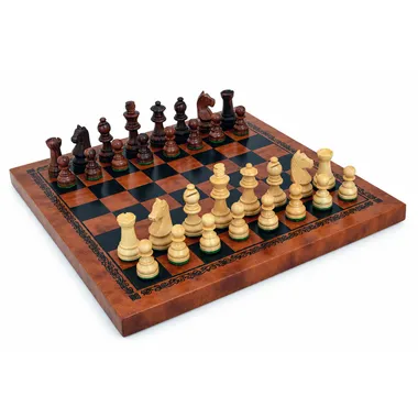 Pequeño Juego de Ajedrez de Salón: Piezas Staunton en Madera de Acacia Lastradas Rey 5 cm & Tablero de Ajedrez Símil Cuero Negro y Dorado 26 x 26 cm