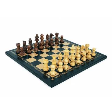 Juego de ajedrez de diseño en madera de acacia sobre tablero símil cuero negro y dorado