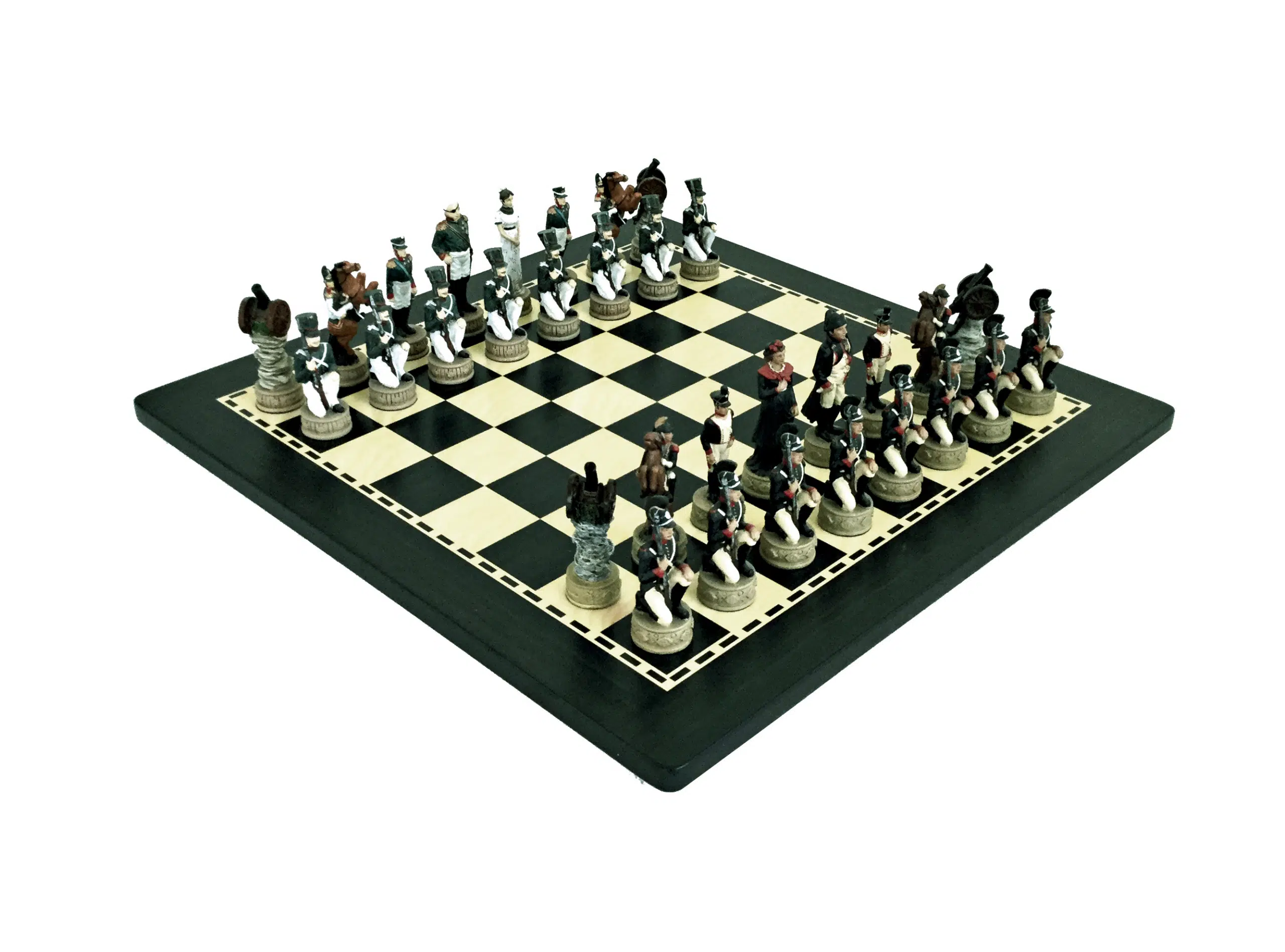 Ensemble Napoléon Campagne de Russie IV Jeu d'Echecs en Résine et Echiquier en Bois Teinté Noir et Ivoire