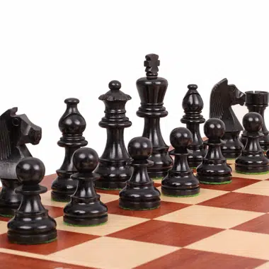 Vue rapprochée des pièces noires sur l'échiquier, illustrant la beauté du jeu d'Échecs Tournament N°5