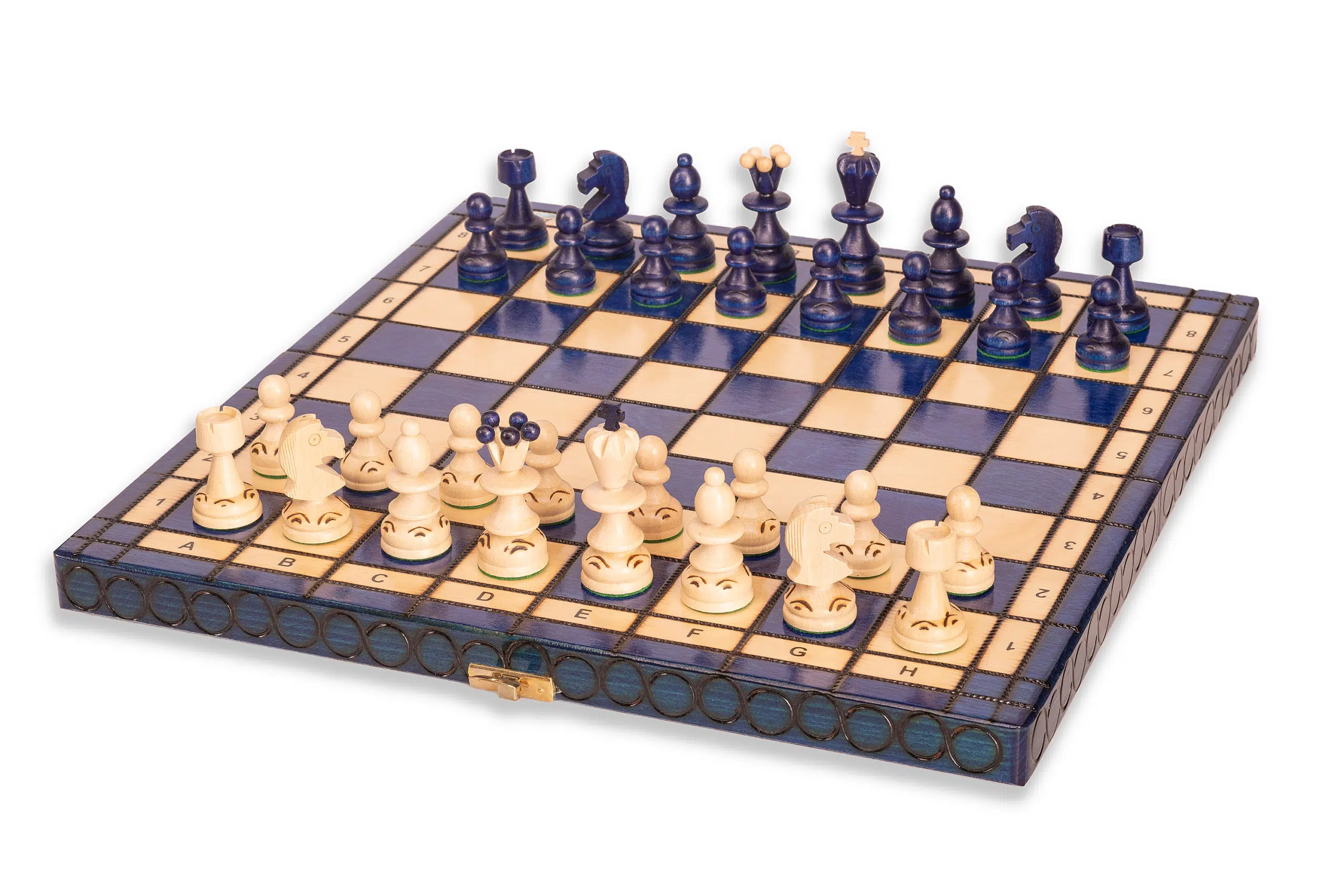 Échiquier en bois massif avec pièces en position de jeu - Jeu d'Échecs Luxe Pearl Insert Bleu sur Le Palais Des Echecs